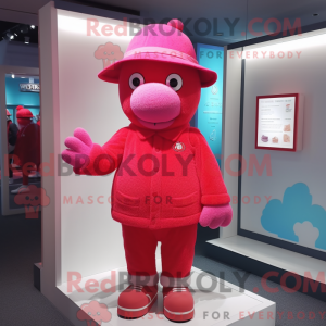 Mascot character of a Red Pink dressed with a Long Sleeve Tee and Hat pins