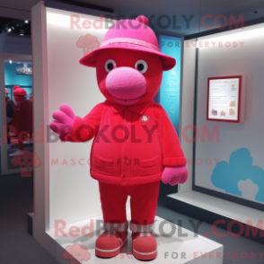 Mascot character of a Red Pink dressed with a Long Sleeve Tee and Hat pins