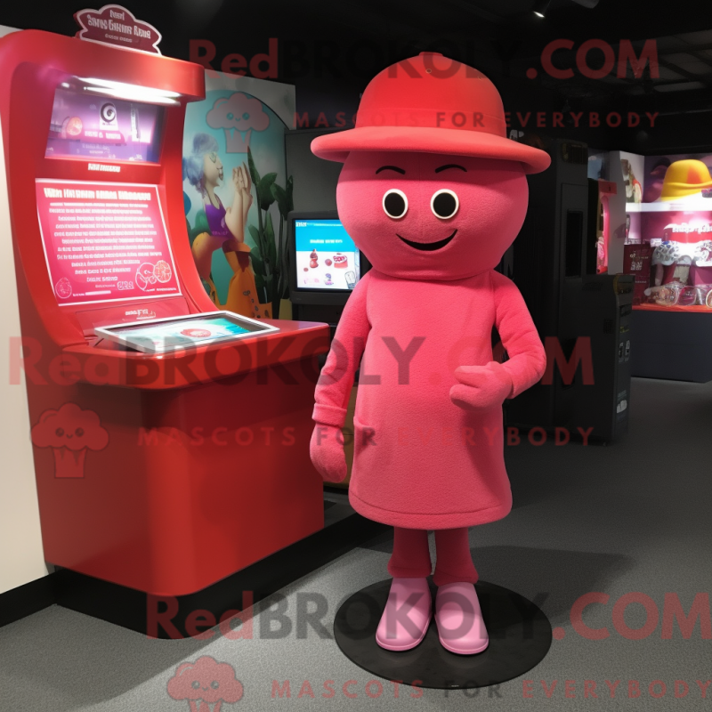 Mascot character of a Red Pink dressed with a Long Sleeve Tee and Hat pins