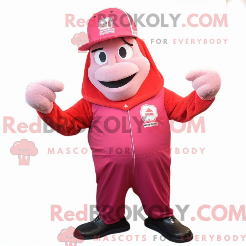 Mascot character of a Red Pink dressed with a Long Sleeve Tee and Hat pins Mascot character of a Red Pink dressed with a Long Sleeve Tee and Hat pins