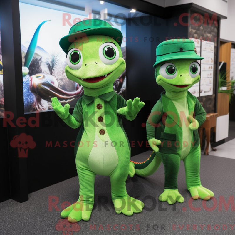 Mascot character of a Green Geckos dressed with a Mini Dress and Berets Mascot character of a Green Geckos dressed with a Mini Dress and Berets