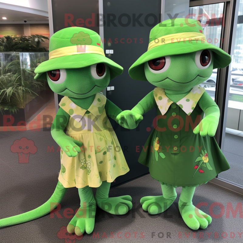 Mascot character of a Green Geckos dressed with a Mini Dress and Berets Mascot character of a Green Geckos dressed with a Mini Dress and Berets