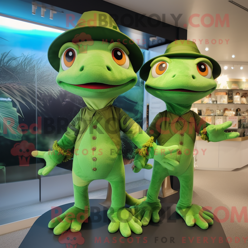 Mascot character of a Green Geckos dressed with a Mini Dress and Berets Mascot character of a Green Geckos dressed with a Mini Dress and Berets