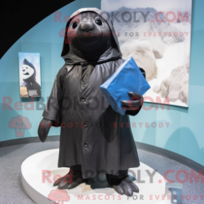Mascot character of a Black Seal dressed with a Raincoat and Messenger bags