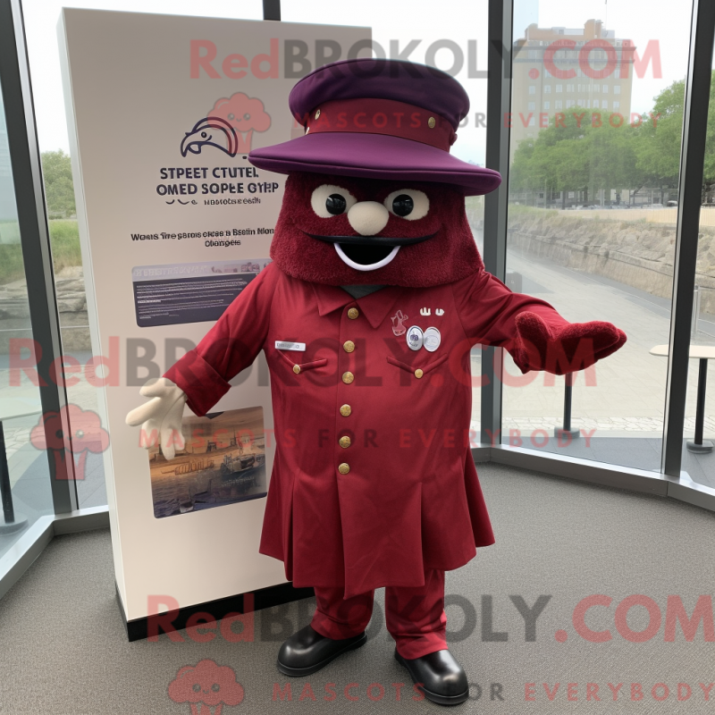 Mascot character of a Maroon Fish Tacos dressed with a Dress Pants and Berets Mascot character of a Maroon Fish Tacos dressed with a Dress Pants and Berets