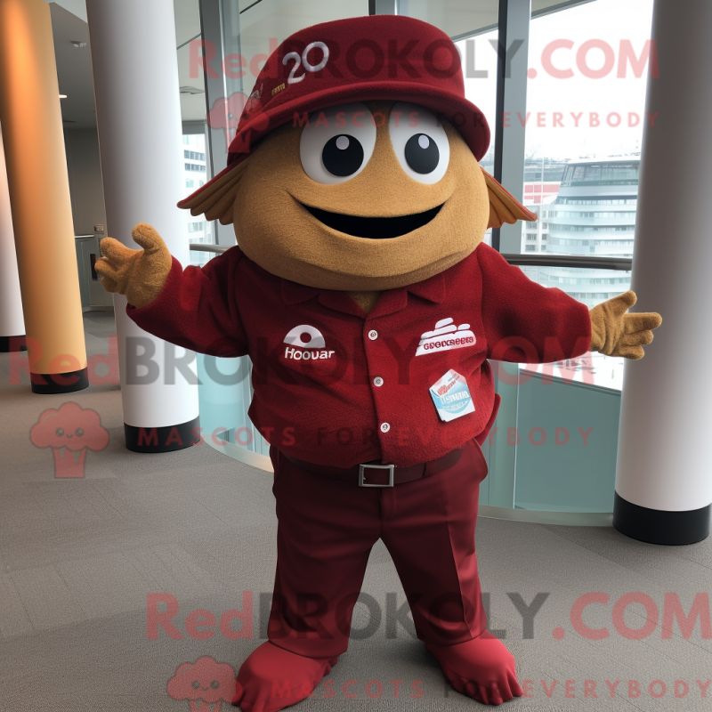 Mascot character of a Maroon Fish Tacos dressed with a Dress Pants and Berets Mascot character of a Maroon Fish Tacos dressed with a Dress Pants and Berets