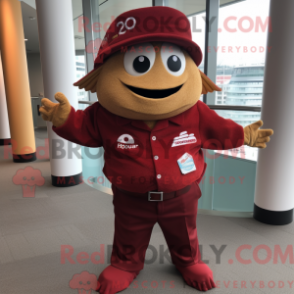 Mascot character of a Maroon Fish Tacos dressed with a Dress Pants and Berets