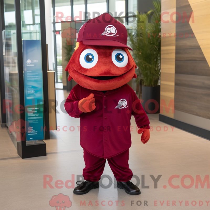 Mascot character of a Maroon Fish Tacos dressed with a Dress Pants and Berets Mascot character of a Maroon Fish Tacos dressed with a Dress Pants and Berets