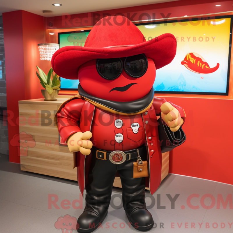 Mascot character of a Red Fajitas dressed with a Leather Jacket and Handbags Mascot character of a Red Fajitas dressed with a Leather Jacket and Handbags