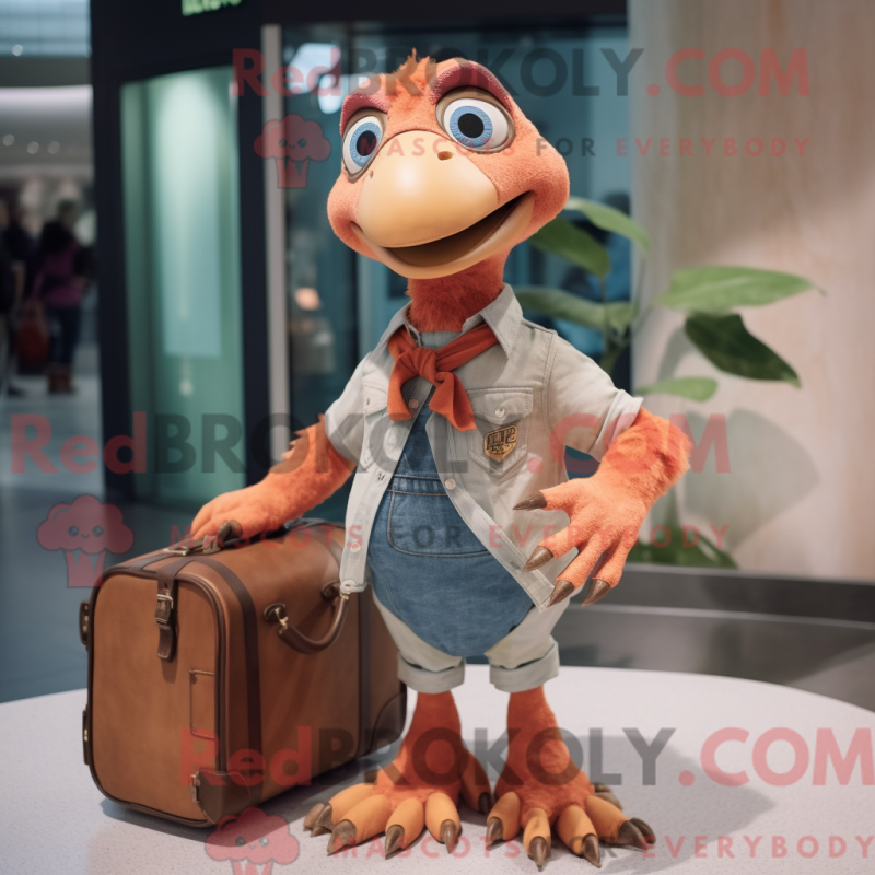 Mascot character of a Peach Utahraptor dressed with a Boyfriend Jeans and Briefcases Mascot character of a Peach Utahraptor dressed with a Boyfriend Jeans and Briefcases