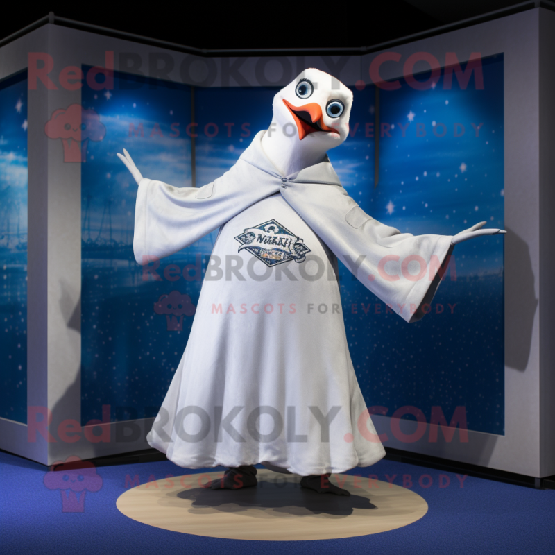 Silver Gull mascot costume character dressed with a V-Neck Tee and Shawl pins Silver Gull mascot costume character dressed with a V-Neck Tee and Shawl pins
