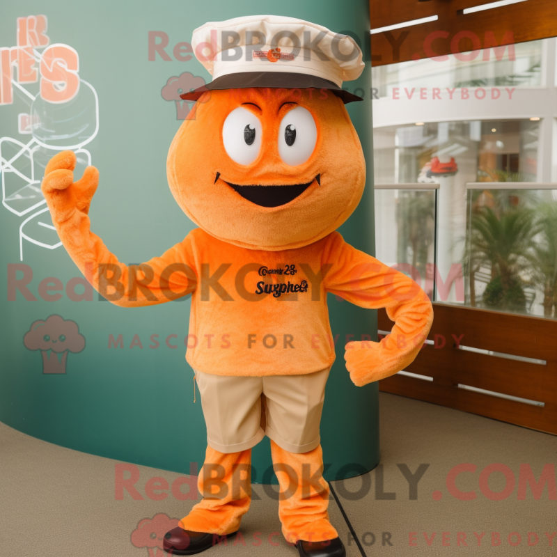 Mascot character of a Orange Shrimp Scampi dressed with a Chinos and Caps Mascot character of a Orange Shrimp Scampi dressed with a Chinos and Caps