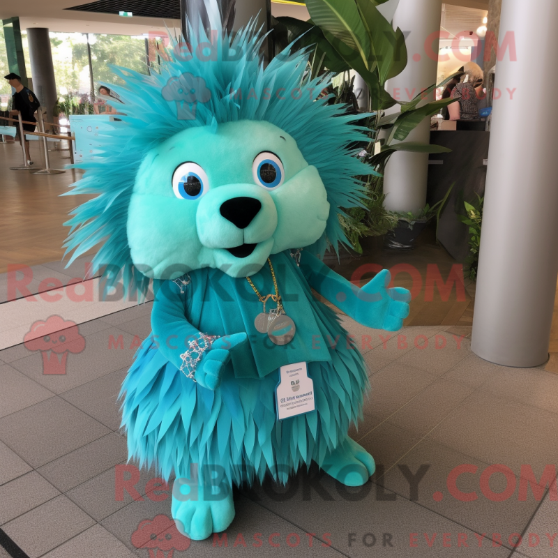 Mascot character of a Turquoise Porcupine dressed with a A-Line Dress and Keychains Mascot character of a Turquoise Porcupine dressed with a A-Line Dress and Keychains