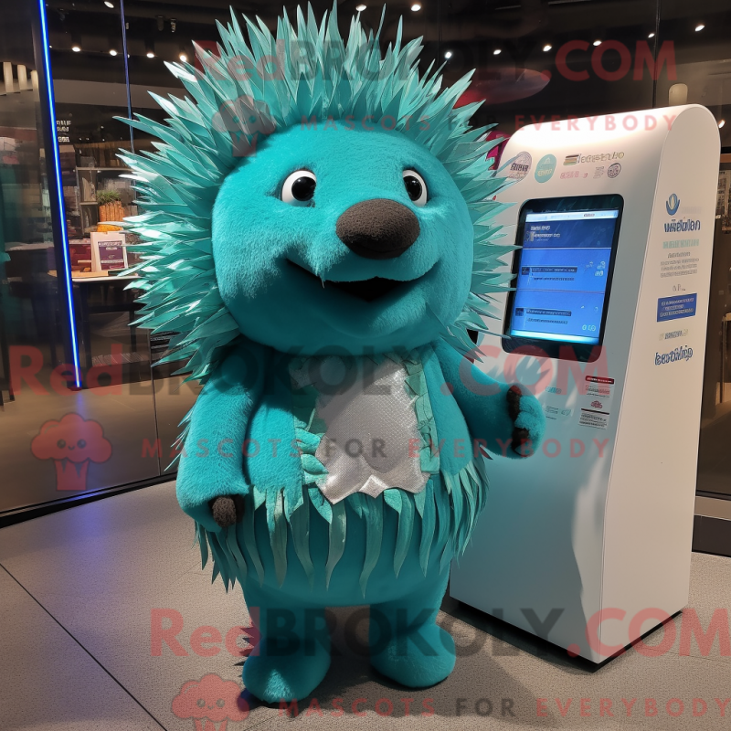 Mascot character of a Turquoise Porcupine dressed with a A-Line Dress and Keychains Mascot character of a Turquoise Porcupine dressed with a A-Line Dress and Keychains