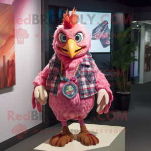 Pink Tandoori Chicken mascot costume character dressed with a Flannel Shirt and Keychains