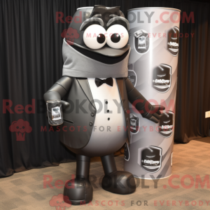 Mascot character of a Gray Soda Can dressed with a Tuxedo and Briefcases