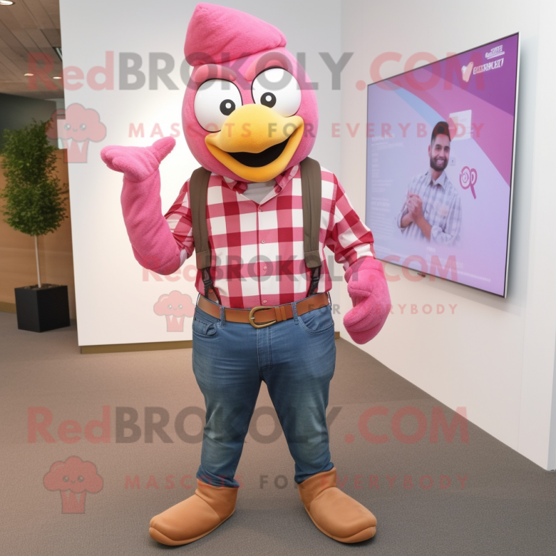 Pink Tandoori Chicken mascot costume character dressed with a Flannel Shirt and Keychains
