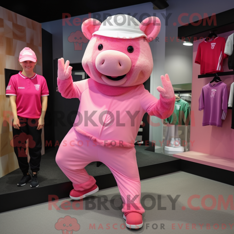 Mascot character of a Pink Sow dressed with a Joggers and Hats Mascot character of a Pink Sow dressed with a Joggers and Hats