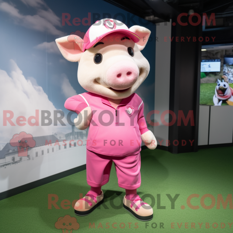 Mascot character of a Pink Sow dressed with a Joggers and Hats Mascot character of a Pink Sow dressed with a Joggers and Hats