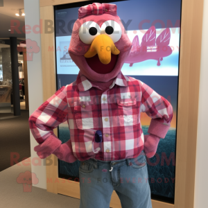 Pink Tandoori Chicken mascot costume character dressed with a Flannel Shirt and Keychains