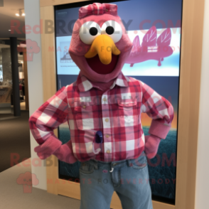 Pink Tandoori Chicken mascot costume character dressed with a Flannel Shirt and Keychains
