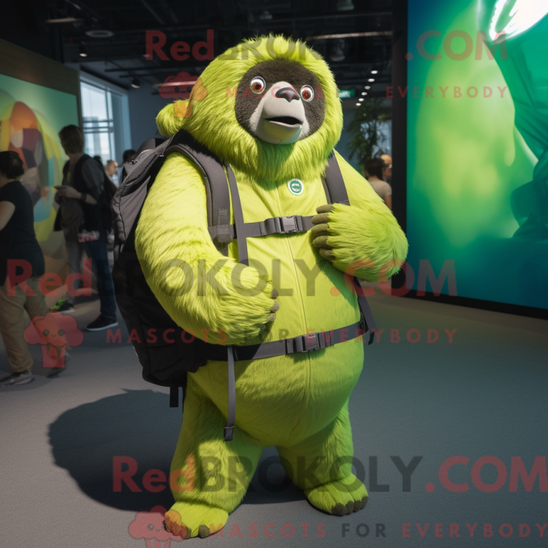 Mascot character of a Lime Green Giant Sloth dressed with a T-Shirt and Backpacks Mascot character of a Lime Green Giant Sloth dressed with a T-Shirt and Backpacks