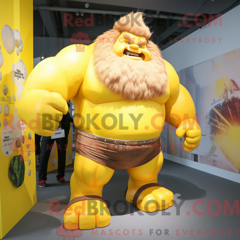 Mascot character of a Yellow Strongman dressed with a Trousers and Hair clips Mascot character of a Yellow Strongman dressed with a Trousers and Hair clips