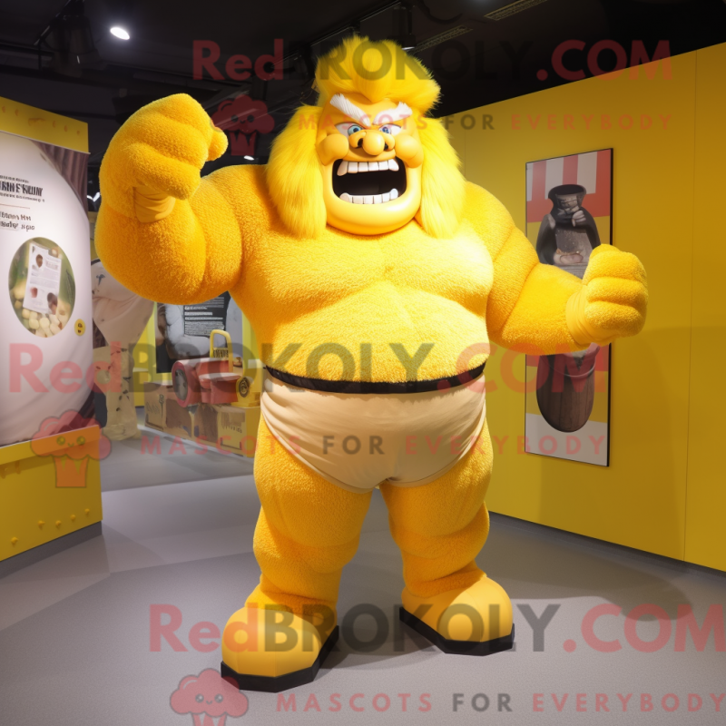 Mascot character of a Yellow Strongman dressed with a Trousers and Hair clips Mascot character of a Yellow Strongman dressed with a Trousers and Hair clips