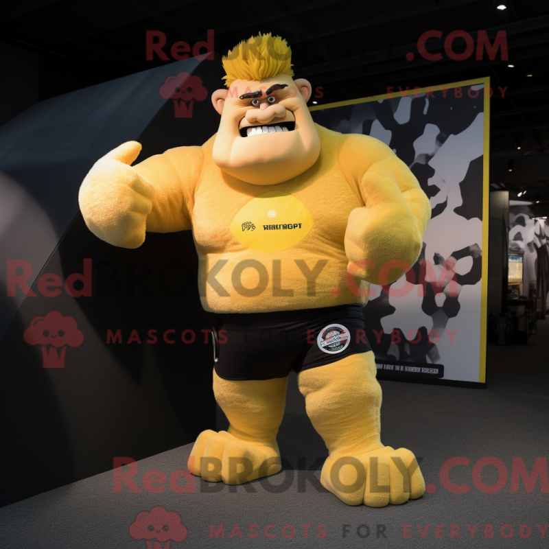 Mascot character of a Yellow Strongman dressed with a Trousers and Hair clips Mascot character of a Yellow Strongman dressed with a Trousers and Hair clips