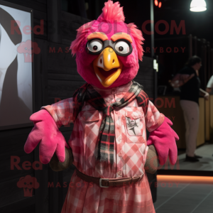 Pink Tandoori Chicken mascot costume character dressed with a Flannel Shirt and Keychains