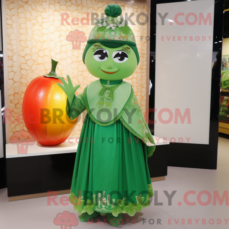 Mascot character of a Green Mandarin dressed with a A-Line Skirt and Earrings Mascot character of a Green Mandarin dressed with a A-Line Skirt and Earrings