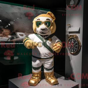 Mascot character of a Gold Irish Flag dressed with a Rugby Shirt and Digital watches