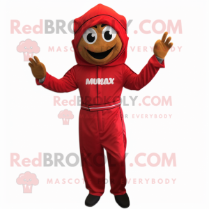 Red Tikka Masala mascot costume character dressed with a Jumpsuit and Lapel pins