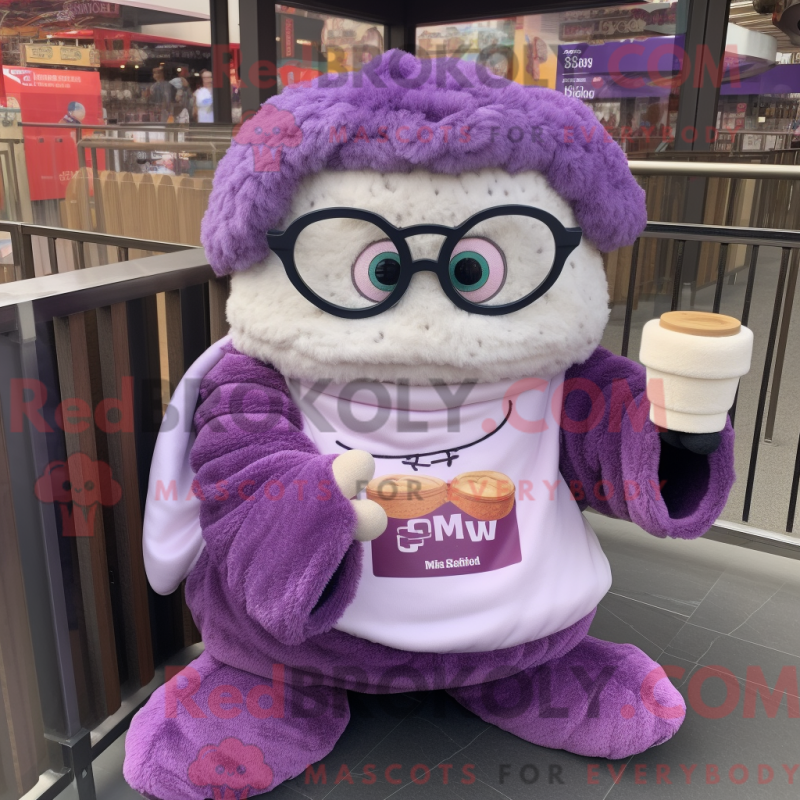 Mascot character of a Purple Dim Sum dressed with a Sweater and Reading glasses Mascot character of a Purple Dim Sum dressed with a Sweater and Reading glasses