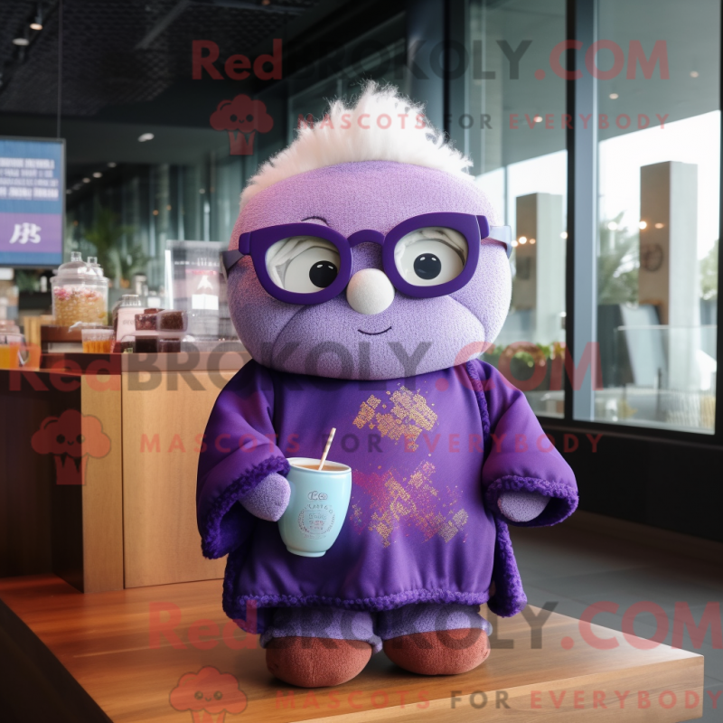 Mascot character of a Purple Dim Sum dressed with a Sweater and Reading glasses Mascot character of a Purple Dim Sum dressed with a Sweater and Reading glasses