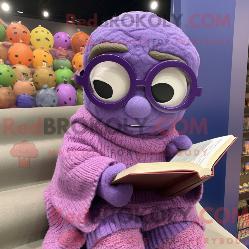 Mascot character of a Purple Dim Sum dressed with a Sweater and Reading glasses Mascot character of a Purple Dim Sum dressed with a Sweater and Reading glasses