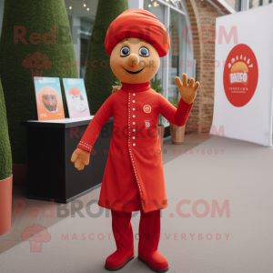 Red Tikka Masala mascot costume character dressed with a Jumpsuit and Lapel pins