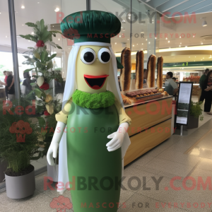 Mascot character of a Forest Green Hot Dog dressed with a Wedding Dress and Eyeglasses