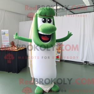 Mascot character of a Forest Green Hot Dog dressed with a Wedding Dress and Eyeglasses
