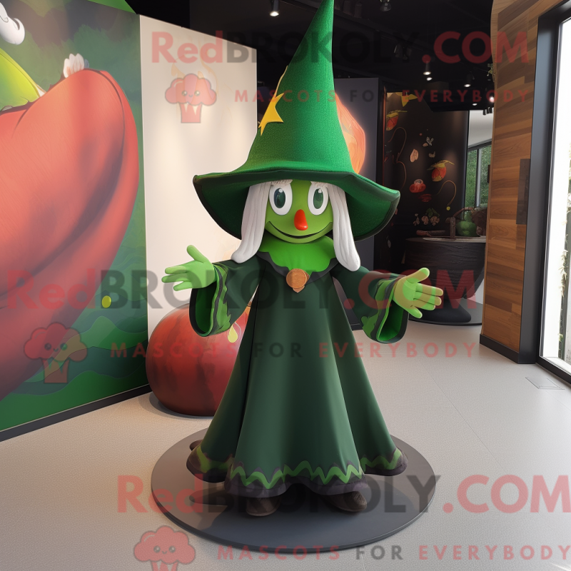 Mascot character of a Forest Green Witch'S Hat dressed with a Mini Dress and Beanies Mascot character of a Forest Green Witch'S Hat dressed with a Mini Dress and Beanies