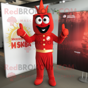 Red Tikka Masala mascot costume character dressed with a Jumpsuit and Lapel pins