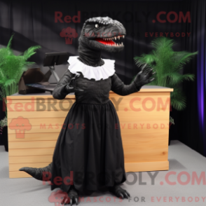 Mascot character of a Black Tyrannosaurus dressed with a Pleated Skirt and Shawls