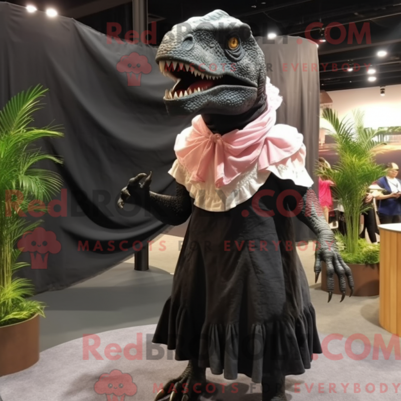 Mascot character of a Black Tyrannosaurus dressed with a Pleated Skirt and Shawls Mascot character of a Black Tyrannosaurus dressed with a Pleated Skirt and Shawls