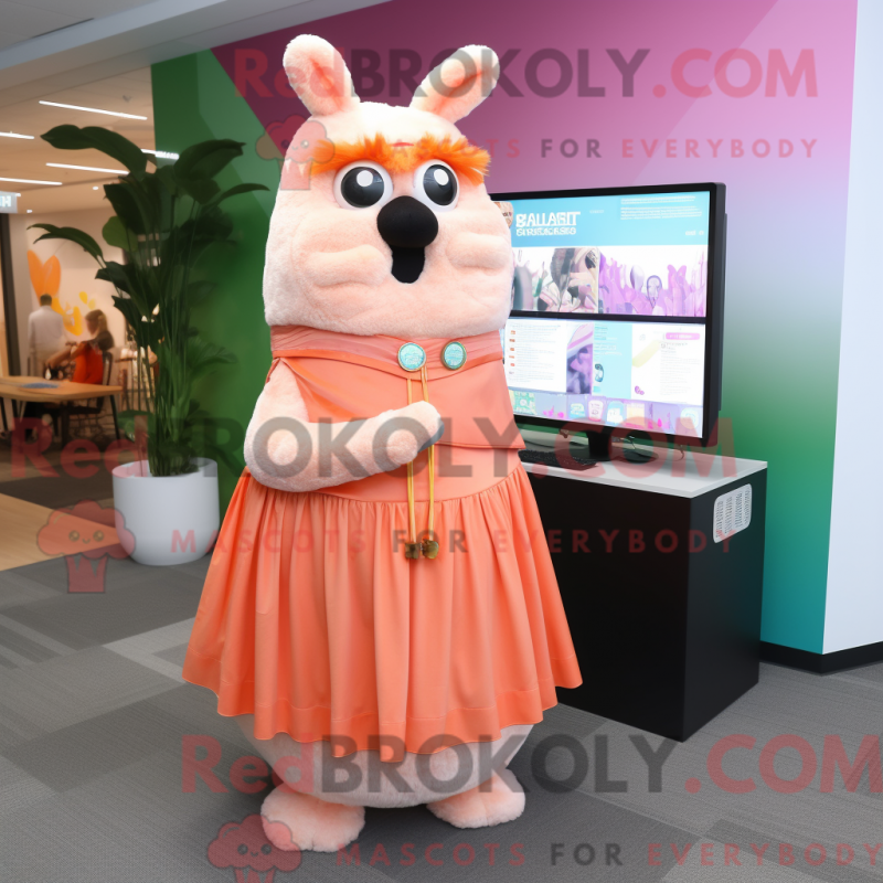 Mascot character of a Peach Llama dressed with a Maxi Skirt and Ties Mascot character of a Peach Llama dressed with a Maxi Skirt and Ties