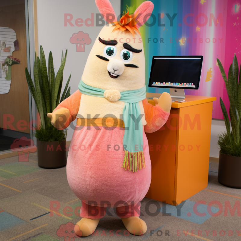Mascot character of a Peach Llama dressed with a Maxi Skirt and Ties Mascot character of a Peach Llama dressed with a Maxi Skirt and Ties
