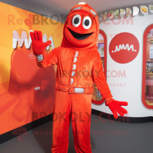 Red Tikka Masala mascot costume character dressed with a Jumpsuit and Lapel pins