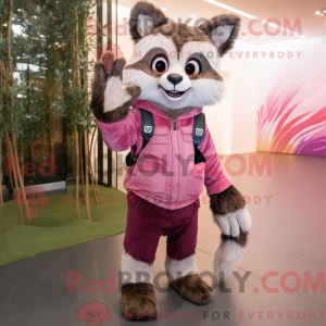 Mascot character of a Pink Raccoon dressed with a Skinny Jeans and Mittens