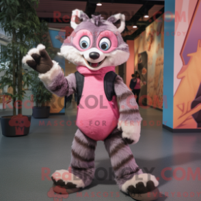 Mascot character of a Pink Raccoon dressed with a Skinny Jeans and Mittens