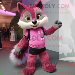 Mascot character of a Pink Raccoon dressed with a Skinny Jeans and Mittens