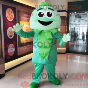 Mascot character of a Green Dim Sum dressed with a Playsuit and Cufflinks